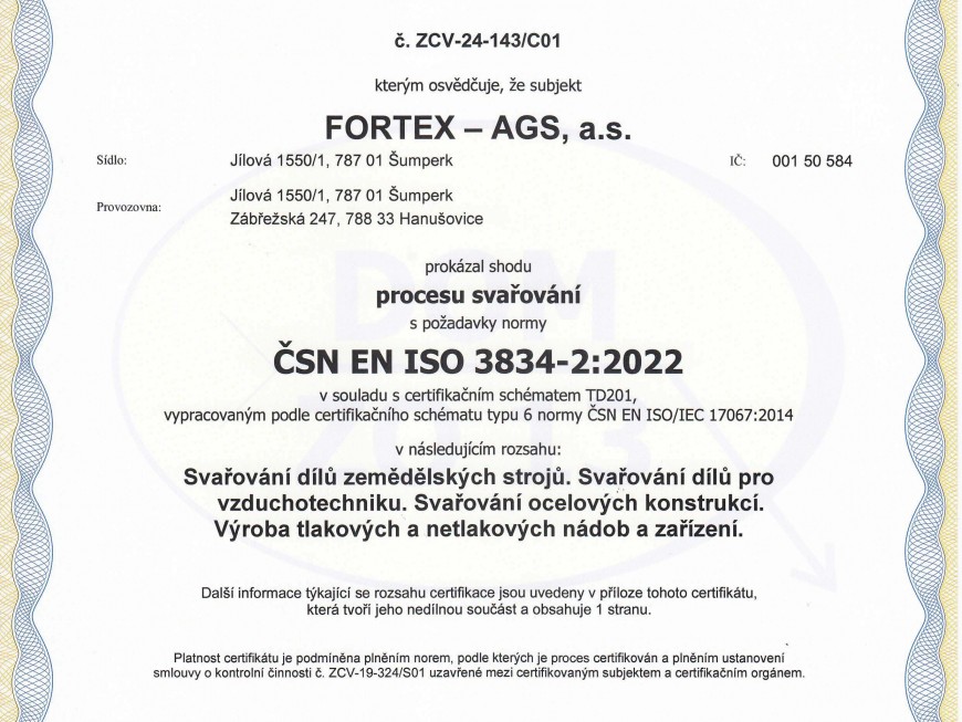 Certifikát ČSN ISO 3834_2_2022